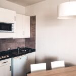 Apartament with small kitchen, modern interior design, hotel, summertime
